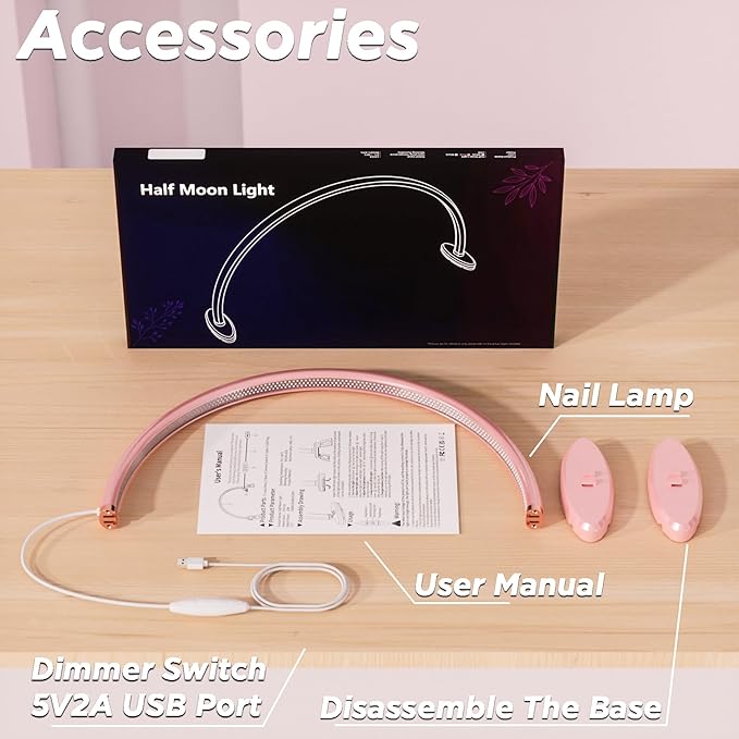 Small Half Moon Light for Nail Desk, Nail Tech Lamp with Liftable and Removable Base for Manicure/Painting/Crafts and Photograph，Personal Use Lamp for Nails Table Pink 16 inch
