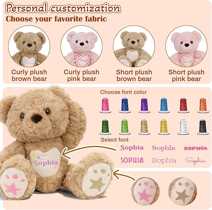 Custom Teddy Bear Stuffed Animal with Embroidered Name, Personalized Stuffed Animals for Babies, Bear Plush Toys for 3 Years Old Girl Gifts, Birthday Christmas for Baby Boys Girls Newborn(Bear)
