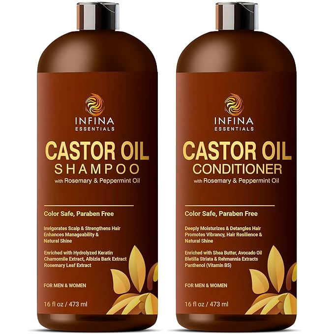 Castor Oil Shampoo and Conditioner Set for Hair Growth with Rosemary & Peppermint Oil - Cleanse Hair, Strengthen & Shine with Castor Shampoo and Conditioner - Anti-Hair Loss for Men & Women - 16 fl oz