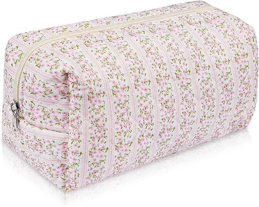 Floral Makeup Bag, Cute Cosmetic Bag for Women Girls, Quilted Cotton Make up Pouch, Travel Makeup Bags, Portable Storage Toiletry Organizer Bag(Pink Floral)