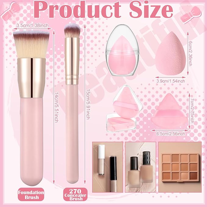 6Pcs Foundation Brush for Liquid Makeup,Liquid Foundation Brush with Makeup Sponge and Powder Puff for Foundation, Powder, Blush,Concealer(Pink)