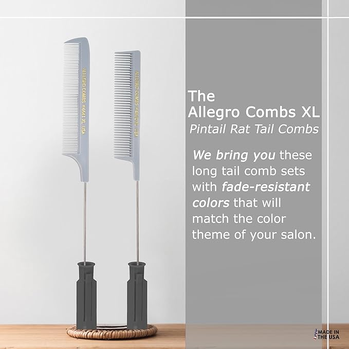 Allegro XL Pintail Rat Tail & Parting Combs - Metal Tail Foiling & Pin Combs for Stitch Braids - 2 Pc. (Gray)