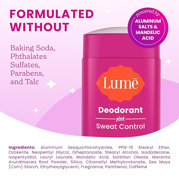 Lume Deodorant Plus Sweat Control - Smooth Solid Stick - Extra Strength Antiperspirant - 72 Hour Odor And Sweat Control - Baking Soda Free, Skin Loving - 2.6 ounce (Soft Powder) Pack of 2