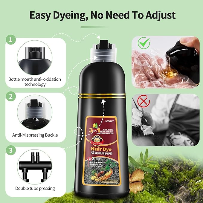 leorx Instant Hair Dye Shampoo For Gray Hair, 500ml - 3 In 1 Herbal Coloring For Women & Men - Dark Brown Color, Ammonia Free - Tintes Para El Cabello Profesional