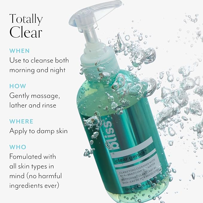 Bliss Clear Genius Clarifying Gel Cleanser – 6.4 Fl Oz – Salicylic Acid BHA to Purify Pores, Remove Excess Oil & Dirt – Non-Drying, Vegan & Cruelty-Free – Tea Tree Scent – Suitable For All Skin Types