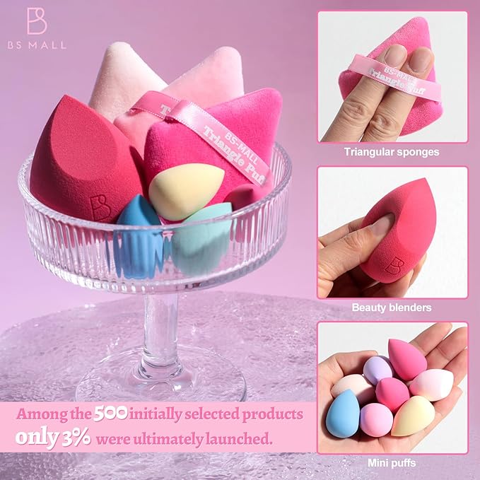 BS-MALL Mini Makeup Sponge Set Professional Triangle Puff 49 Pcs- Pro V3.0 Cloud Technology Material Flawless flow Mini Sponge Set & Triangle Puff With Waterproof Travel Silicone Bag Gift Set