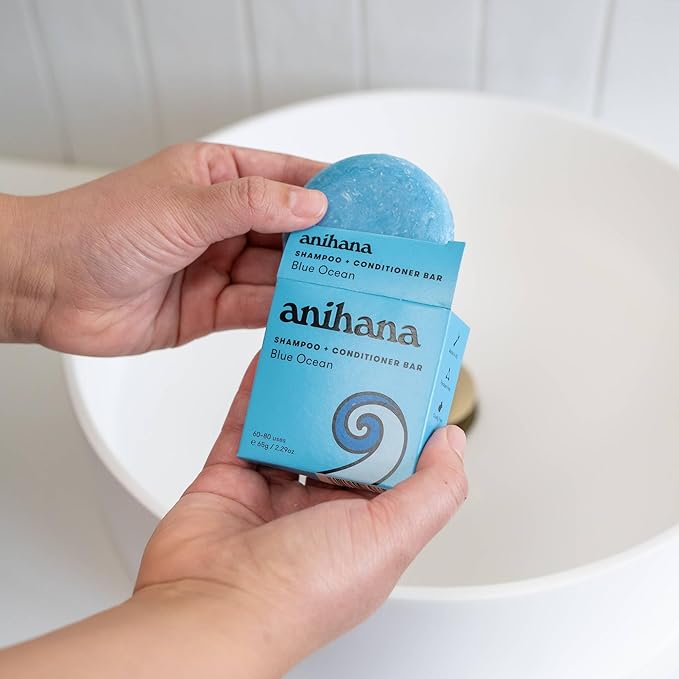 ANIHANA Shampoo and Conditioner Bar for Regular Normal Hair, Clean, Purifying, Natural, Healthy Look and Shine, Paraben Free, Blue Ocean, 2.29 oz