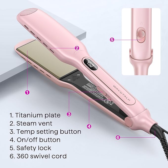 Wavytalk Wet to Straight Hair Straightener, Titanium 1.75 Inch Wide Vent Sesh Flat Iron for Damp or Dry Hair, Straightener with Dual Voltage Leave Silky Smooth Look, 20% Faster Styling, Pink