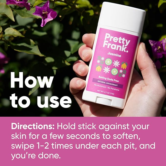 Pretty Frank Natural Aluminum-Free Deodorant Stick, Baking Soda-Free, Jasmine (1-Pack) | Sensitive Skin Friendly, Effective All-Day Odor Control for Women & Men, Organic Ingredients and Essential Oils