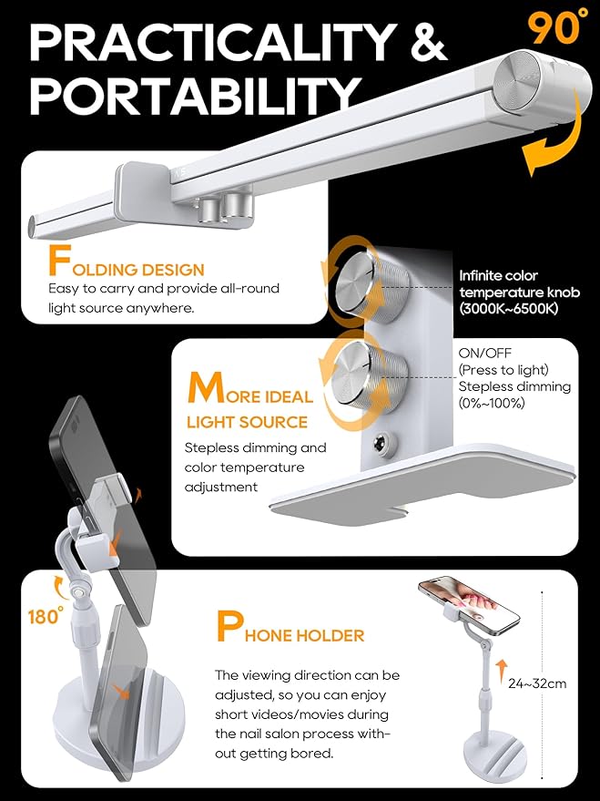 Portable Desk Lamp for Nail Tech, 3 Color Temperature, 4000-6000K Brightness Adjustable LED Nail Light for Desk