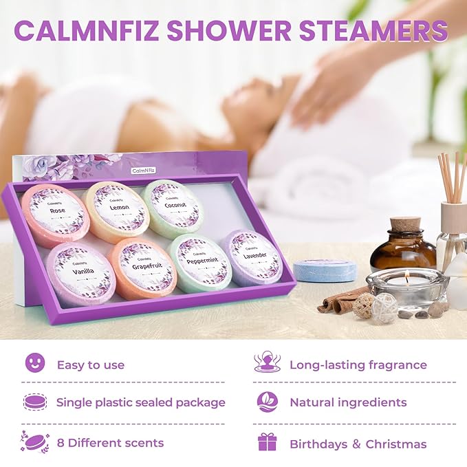 Shower Steamers 8 Pack Set Shower Bombs Tablets in Purple Box with 8 Fragrances with Shea Butter for Self-Care & Relaxation, Idea for Women and Men
