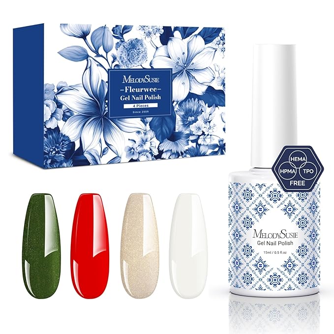 MelodySusie Fleurwee Plant Based 4pcs Gel Nail Polish, Hema Free 21 Non Toxic Red Green White Gold Glitter Long Lasting Soak Off UV Nail Art Salon DIY Gifts for Women Gel Polish Kit