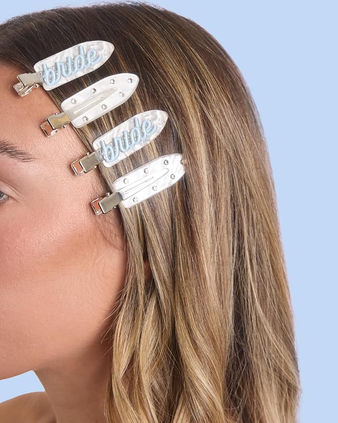 xo, Fetti Bride Beauty Clips - 4 pc | Bachelorette Party, Blue White Bridal Hair Clip, Wedding Get Ready With Me, Bridal Shower Favor, Wedding Accessory