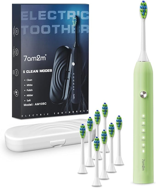7AM2M Sonic Electric Toothbrush for Adults and Kids, with 8 Brush Heads and Travel Case,5 Modes with 2 Minutes Built in Smart Timer, One Charge Use for 90 Days, Rechargeable Toothbrushes (Light Green)