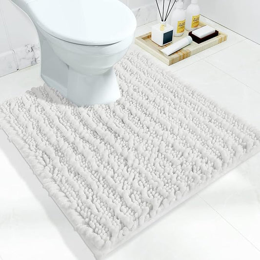 Yimobra Toilet Rug U Shaped Washable 24x20 Inch - Ultra Soft Absorbent Chenille Bath Rugs for Toilet, Quick Dry & Machine Washable, Non Slip Contour Bathroom Mat, White