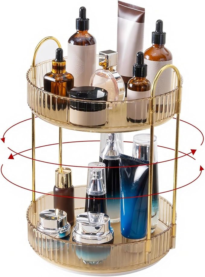 360 Rotating Makeup Organizer, Yellow, Unisex, 2 Tier Countertop Storage, Large Capacity, Cosmetics, Perfume, Skincare, Lipsticks