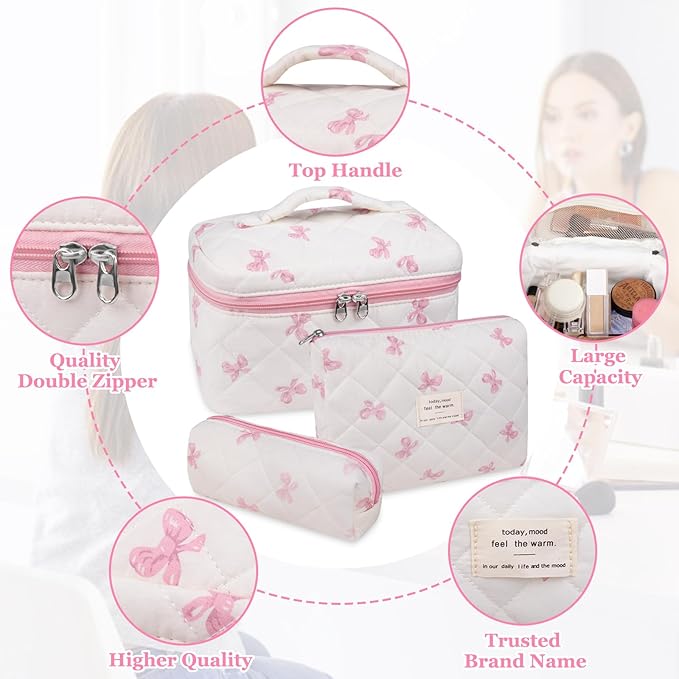 3PC Makeup Bag Set, Quilted Makeup Bag Set, Large Floral Cosmetic Bag for Women, Cute Cotton Makeup Bags, Flower Travel Toiletry Organizer Bag (White Pink Bow Tie)