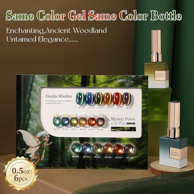 Double Rhythm Cat Eye Gel Nail Polish Set of 6 Same Color Same Bottle 0.5 Oz Shimmer Glitter with Magnet Holographic Reflective Magnetic UV Nail Polish Kit at Home (Green Navy Blue Black-T6-61)