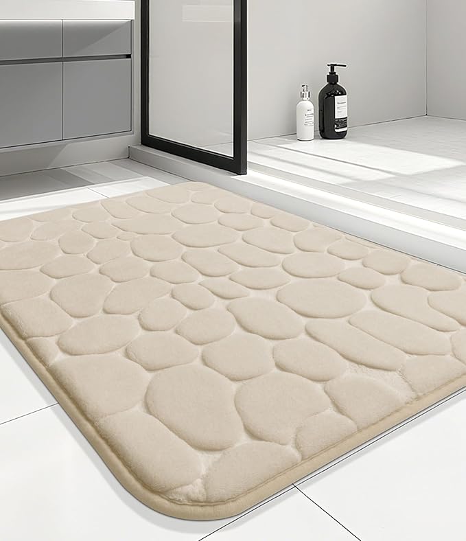 YIHOUSE Memory Foam Runner Rug, Cobblestone Bathroom Runner Rugs Super Water Absorbent Bath Mats for Bathroom Machine Washable Bath Rugs for Hallway Bedroom Laundry Room(24 x47,Khaki)