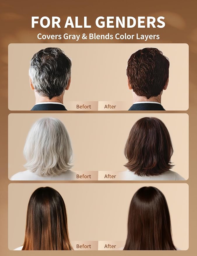 Dark Brown Hair Dye Shampoo, 3-in-1 Hair Color, Permanent, Unisex, 100% Gray Coverage, Seamless Root Blend, Last More than 60 Days, 5 Plant Extracts, Frizz-Free, with Dye Tools, 500ml