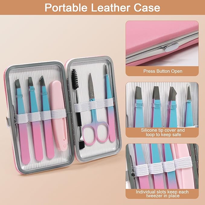 Eyebrow Tweezers Set for Women - 7 Pcs Professional Eyebrow Grooming Kit Stainless Steel Eyebrow Trim Kit with Curved Scissors for Ingrown Hair (Pink)