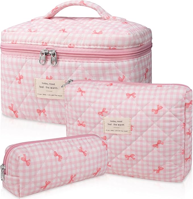 3PC Makeup Bag Set, Quilted Makeup Bag, Large Floral Cosmetic Bag for Women, Cute Cotton Makeup Bags, Flower Travel Toiletry Organizer Bag(Pink Plaid Bow)