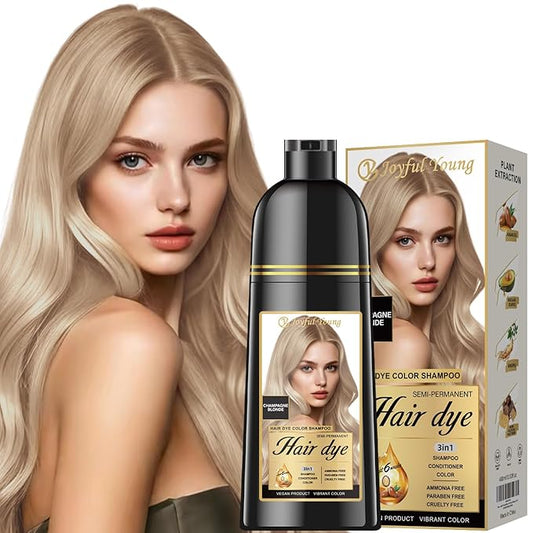 Natural Hair Dye Shampoo 3 IN 1, Gray Hair Coverage, Vegan, Ammonia-Free & Paraben-Free Hair Coloring Shampoo for Women & Men, Beard Dye for Men, Nourishing Gentle (CHAMPAGNE BLONDE)