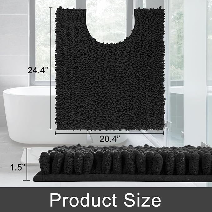 Yimobra Toilet Rug U Shaped Washable 24x20 Inch - Ultra Soft Absorbent Chenille Bath Rugs for Toilet, Quick Dry & Machine Washable, Non Slip Contour Bathroom Mat, Black