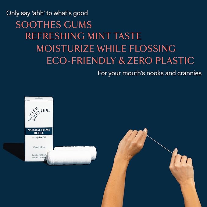Better & Better Natural Dental Floss Refill Pack | Waxed & Zero Plastic Oral Care - 100% Plant-Based, Vegan, Eco and Non Toxic Dental Floss, 2 Spools