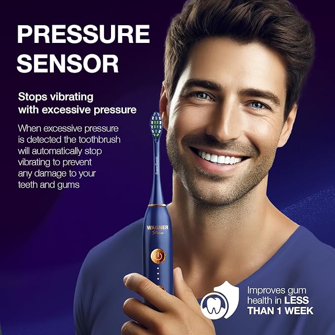 Wagner Stern WHITEN+ Edition. Whitening Electric Toothbrush with Pressure Sensor. Offers 5 Brushing Modes, 3 intensities, 8 Soft Brush Heads, and a Luxury Travel case.