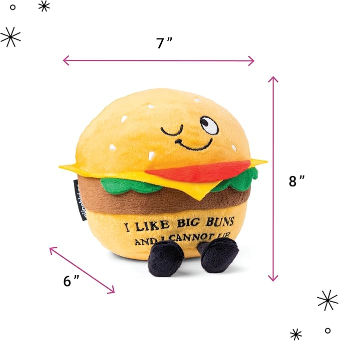 Punchkins Hamburger Plushie - I Like Big Buns and I Cannot Lie Funny Hamburger Plush, Gift for Grillers, Food Plush Toy for Gifting