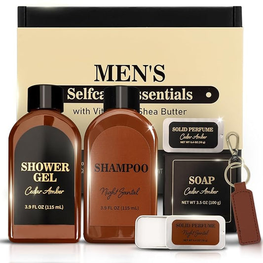 Self Care Gift Set for Men, Bath and Body Spa Gift Baskets for Men, Body & Earth Mens Cedar and Santal scented Bath Set, Father's Day Gifts