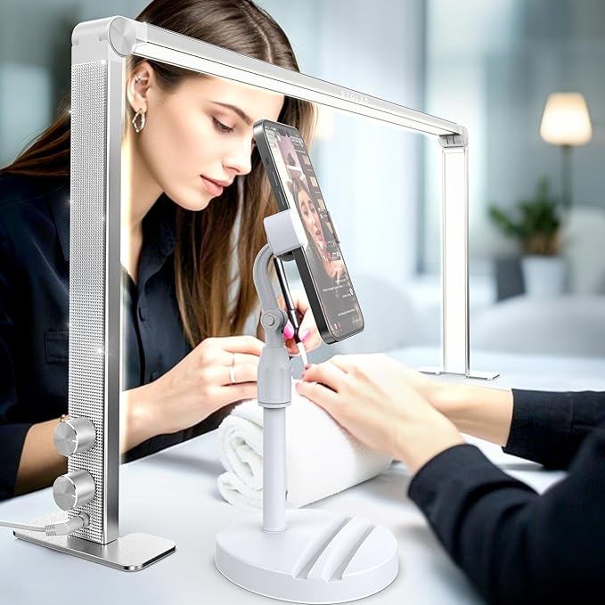Upgraded Nail Tech Lamp for Desk, 32 in Foldable Large Nail Light with Phone Holder, 3000K-6000K CRI＞95 LED Manicure Lamp, Half Moon Light for Lash Eyelash Extension, Tattoo, Eyebrows-Diamond Silver