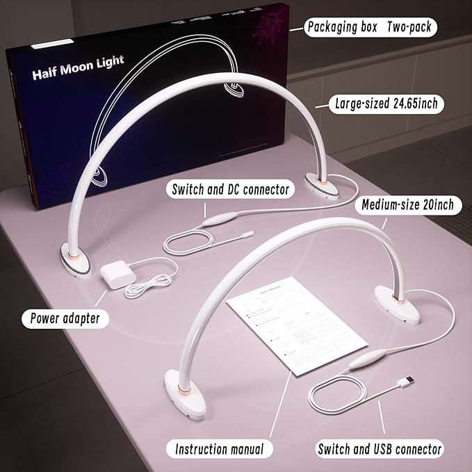 Half Moon Light for Nail Desk.3Light Colors.Adjustable Brightness . Lamp for Nails Table for For Painting.Embroidery.Reading etc.Moon Light Nail Tech ShadowFree Lighting （Large & Medium Combo Set ）