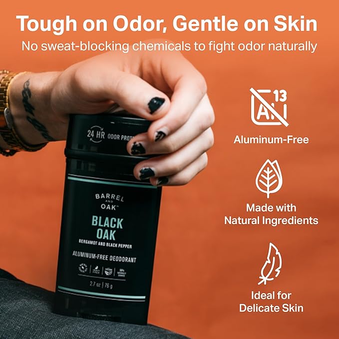 Barrel & Oak Aluminum Free Deodorant for Men, Natural Men's Deodorant with Bergamot & Black Pepper Essential Oil for Delicate Skin, Grooming Kit Gifts for Men, Black Oak, 2.7 oz