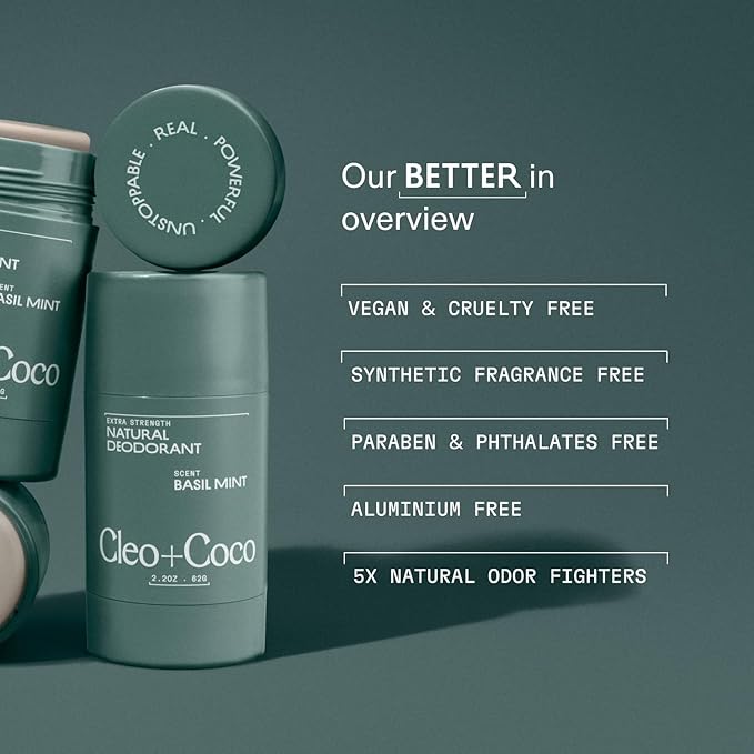 Cleo+Coco Extra Strength Deodorant Balm, Basil Mint (2.2 oz), Natural Aluminum Free Deodorant for Women & Men with 5X Odor Fighters, 24+hour Odor Control, Free from Synthetic Fragrance, Vegan