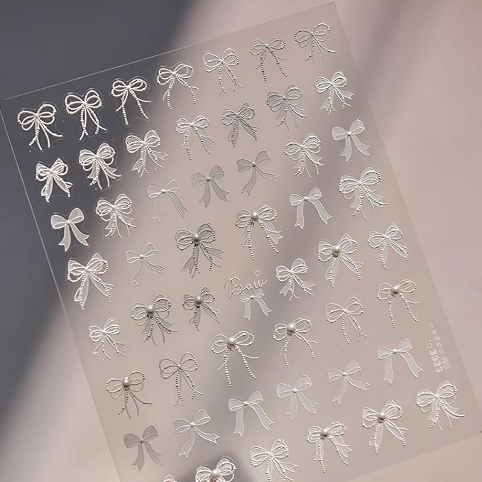 White Bow Nail Stickers for Nail Art 5D Self Adhesive White Nails Art Stickers Bow Nail Decals with Rhinestone Design Embossed Bow Decoration Accessories for Women Girls