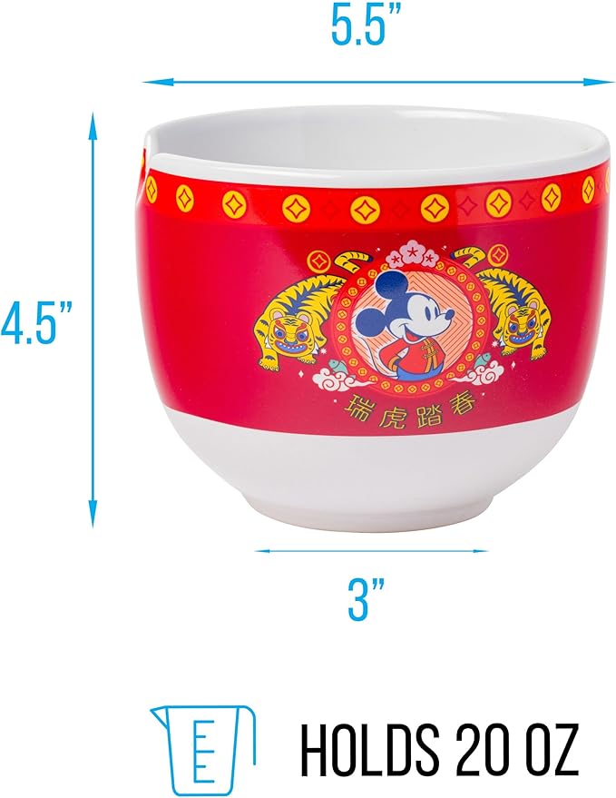 Silver Buffalo Disney Mickey Mouse Lunar Chinese New Year Tiger Ceramic Ramen Noodle Rice Bowl with Chopsticks, Microwave Safe, 20 Ounces