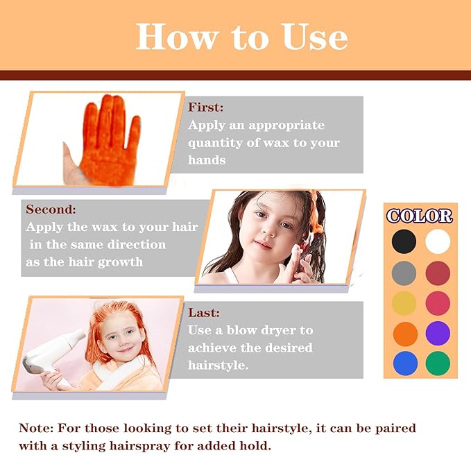 Orange Hair Color Wax, Temporary Hair Color Wax, Temporary Hair Dye for Dark Hair, Washable, Kids, Halloween, Cosplay, Party, Girls