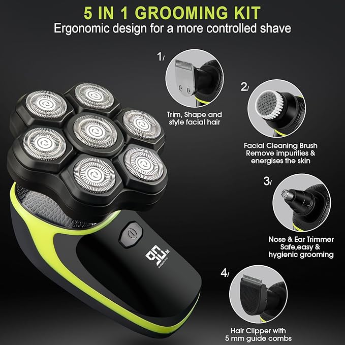 Magnetic 7D Head Shavers for Bald Men, Telfun Waterproof Hypoallergenic Electric Head & Body Shaver, Wet/Dry Shaving, Type-C Fast Charging, LED Display, Rechargeable Razor for Men & Women, Ideal Gift