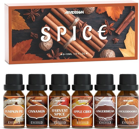 Autumn Spice Essential Oils Set, ARVIDSSON Fall Essential Oil for Diffuser - Cinnamon, Pumpkin Pie, Harvest Spice, Apple Cider, Gingerbread, Snickerdoodle, Cozy Fragrance Oils