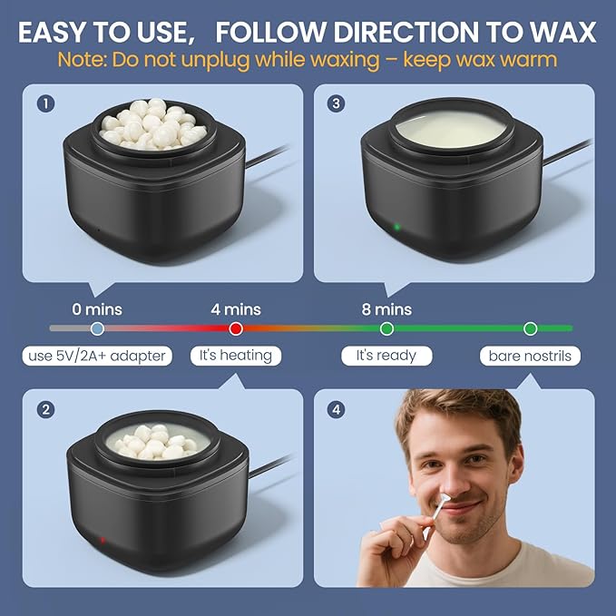 Nose Wax Kit Men, Nose Ear Hair Waxing Kit with 100g Wax, 40 Sticks, Nose Ear Hair Removal Kit, USB Fast Heat, Smart Constant Temp, Upgraded Size, Multi-Accessories, Black