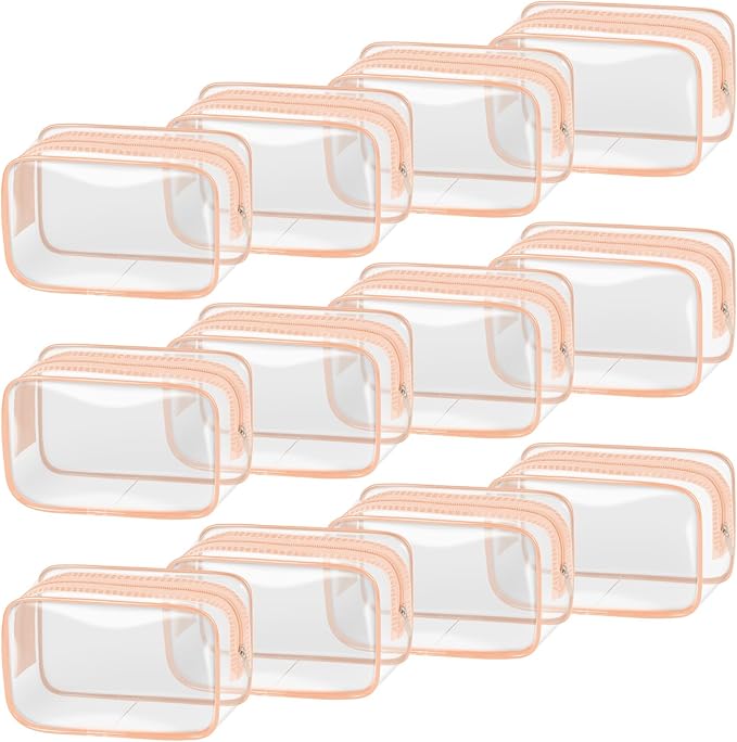 TISRATOK 12 PCS Clear Makeup Bag for Women with Zipper, TSA Approved Toiletry Pouch, Cosmetic Bag Bulk for Travel Organizer Essentials -Orange-pink, Small