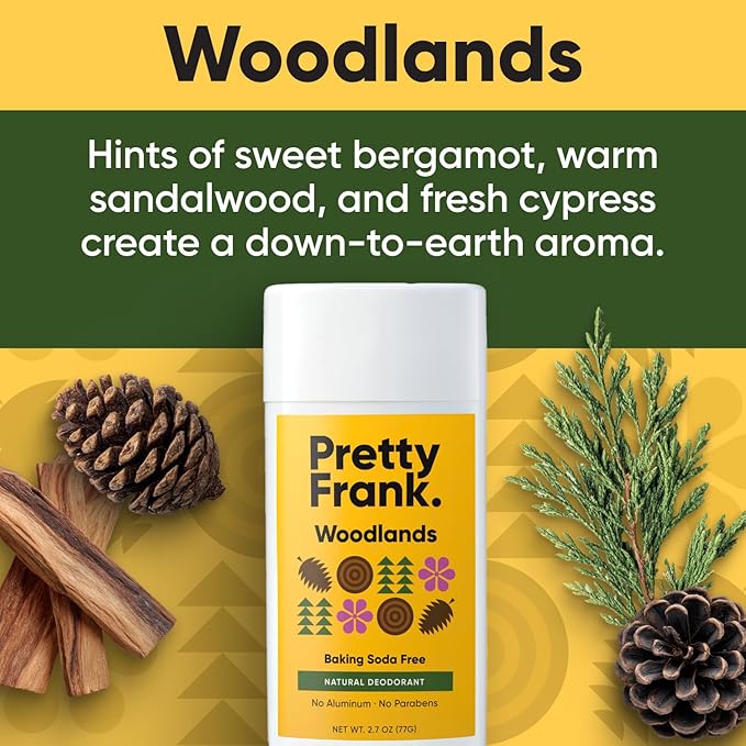 Pretty Frank Natural Aluminum-Free Deodorant Stick, Baking Soda-Free, Woodlands (1-Pack) | Sensitive Skin Friendly, Effective Odor Control for Women & Men, Organic Ingredients and Essential Oils