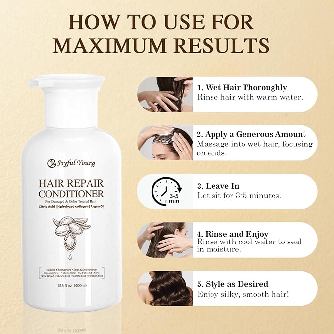 Hair Repair Conditioner for Damaged & Color Treated Hair – Argan Oil, Collagen & Citric Acid - Deep Moisture, Frizz Control, Shine Boost - Sulfate-Free, Paraben-Free, Silicone-Free, 400ml