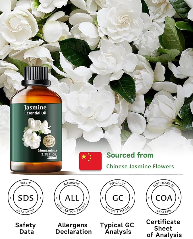Pure Jasmine Essential Oil,Mumianhua Natural Jasmine Oil for Diffuser, Evening Atmosphere, Floral Bliss, Diffusion, Aromatherapy, Cleaning, Skin, Hair, Massages,Perfume, Candle Making 3.38 Fl Oz