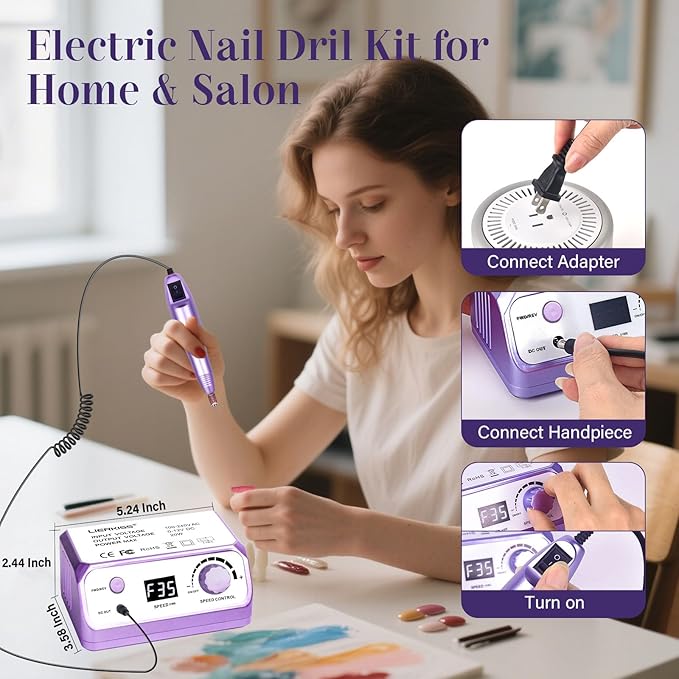 Electric Nail File Nail Drill Professional 35000RPM Nail Dril Electric E Filer for Nails with 100pcs Sanding Bands and Nail Drill Bits for Acrylic, Gel Nail Manicure & Pedicure