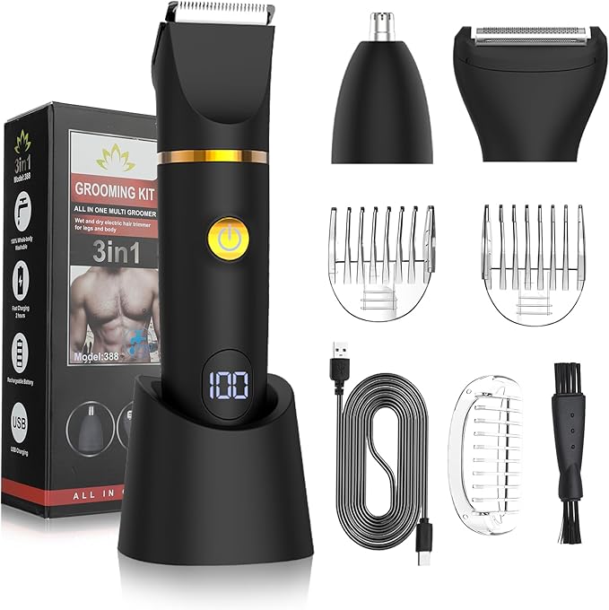 Manscape Body Trimmer for Men, 3 in 1 Men's Grooming Kit with Pubic/Nose Hair Trimmer & Ball Shaver for Nose/Balls/Groin/Legs/Chest Hair Removal, LED Display, IPX6 Waterproof, Gifts for Him Dad