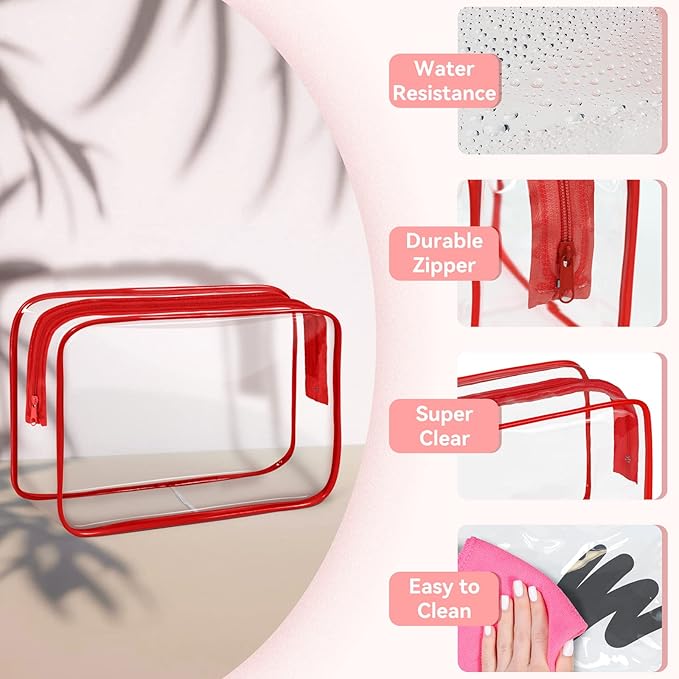 TISRATOK 12 PCS Clear Makeup Bag for Women with Zipper, TSA Approved Toiletry Pouch, Cosmetic Bag Bulk for Travel Organizer Essentials - Red, Medium