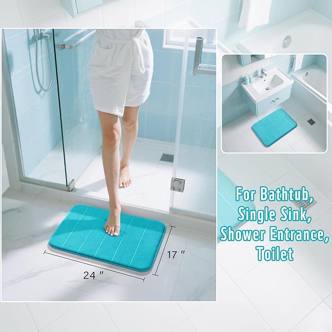 Yimobra Memory Foam Bath Mat, Super Soft Absorbent Bathroom Rug Non Slip, Quick Dry, Machine Washable Floor Carpet for Tub Shower, Home Decor Accessories, 24x17, Lake Blue